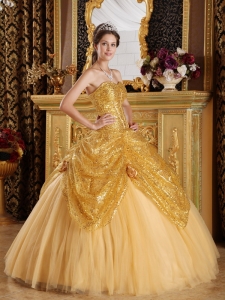 Gold Ball Gown Sweetheart Floor-length Sequined and Tulle Handle Flowers Quinceanera Dress