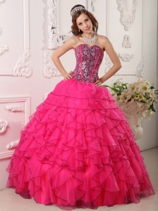 Hot Pink Ball Gown Sweetheart Floor-length Organza Beading Quinceanera Dress