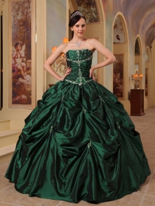 Hunter Green Ball Gown Strapless Floor-length Beading Taffeta Quinceanera Dress