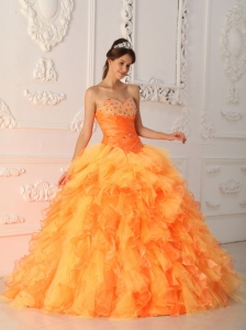 Orange Ball Gown Sweetheart Floor-length Organza Beading and Ruch Quinceanera Dress