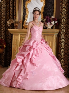 Pink Ball Gown Straps Floor-length Taffeta Beading and Appliques Quinceanera Dress