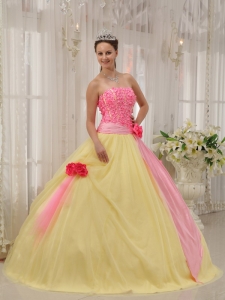 Pink and Yellow Ball Gown Strapless Floor-length Taffeta and Tulle Hand Made Flowers Quinceanera Dress