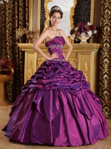 Eggplant Purple Ball Gown Strapless Floor-length Pick-ups Taffeta Quinceanera Dress