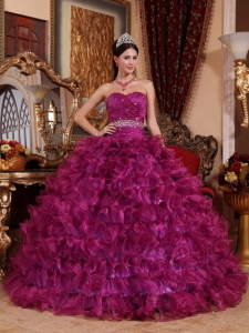 Fuchsia Ball Gown Sweetheart Floor-length Organza Beading Quinceanera Dress