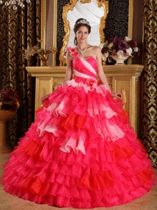 Coral Red Ball Gown One Shoulder Floor-length Organza Ruffles and Beading Quinceanera Dress