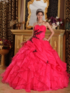 Coral Red Ball Gown Sweetheart Floor-length Organza Appliques Quinceanera Dress