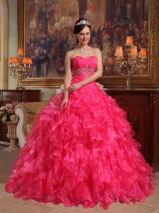 Hot Pink Ball Gown Sweetheart Floor-length Organza Beading Quinceanera Dress