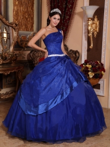 Royal Blue Ball Gown One Shoulder Floor-length Organza Beading Quinceanera Dress