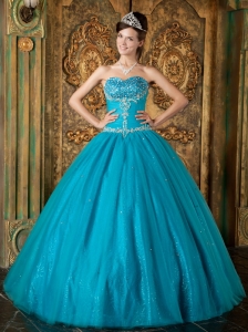 Teal A-Line / Princess Sweetheart Floor-length Beading Tulle Quinceanera Dress