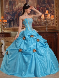 Baby Blue Ball Gown Strapless Floor-length Taffeta Beading and 3D Flower Quinceanera Dress