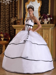 White Ball Gown Strapless Floor-length Satin and Organza Appliques Quinceanera Dress