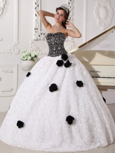 White and Black Ball Gown Strapless Floor-length Special Fabric Sequins and Hand Made Flowers Quinceanera Dress