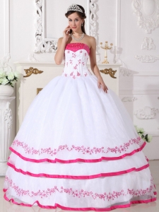 White and Hot Pink Ball Gown Strapless Floor-length Organza Beading and Embroidery Quinceanera Dress