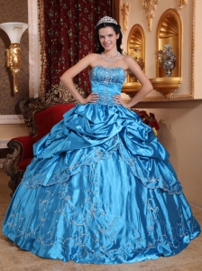 Baby Blue Ball Gown Strapless Floor-length Taffeta Embroidery with Beading Quinceanera Dress