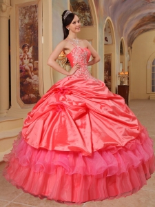 Watermelon Red Ball Gown One Shoulder Floor-length Taffeta Quinceanera Dress