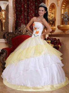 Light Yellow and White Ball Gown Strapless Floor-length Organza Embroidery Quinceanera Dress