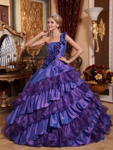 Purple Ball Gown One Shoulder Floor-length Taffeta and Organza Hand Made Flowers Quinceanera Dress