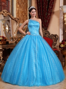 Baby Blue Ball Gown One Shoulder Floor-length Tulle and Taffeta Beading Quinceanera Dress