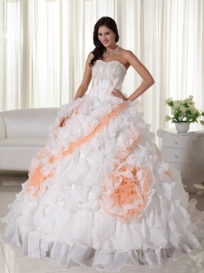 White Ball Gown Sweetheart Court Train Organza Appliques Quinceanera Dress