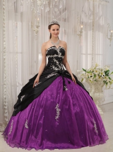Black and Purple Ball Gown Strapless Floor-length Taffeta and Organza Apppliques Quinceanera Dress