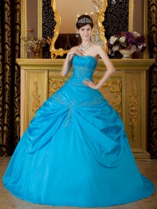Blue Ball Gown Strapless Floor-length Appliques Taffeta Quinceanera Dress