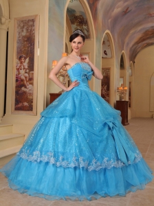 Baby Blue Ball Gown Strapless Floor-length Bows Sequins and Organza Quinceanera Dress