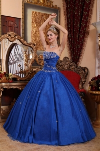 Blue Ball Gown Strapless Floor-length Taffeta and Tulle Appliques Quinceanera Dress