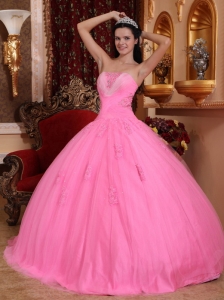 Rose Pink Ball Gown Strapless Floor-length Tulle Beading Quinceanera Dress
