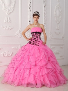 Sweet Ball Gown Strapless Floor-length Appliques and Ruffles Rose Pink Quinceanera Dress