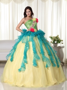 Teal and Yellow Ball Gown Strapless Floor-length Organza Beading Quinceanera Dress