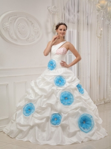 White Ball Gown One Shoulder Floor-length Taffeta Beading and Hand Flowers Quinceanera Dress