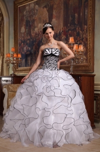 White Ball Gown Strapless Floor-length Ruffles Organza and Zebra Quinceanera Dress