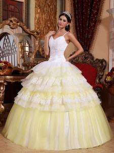 Yellow Ball Gown Spaghetti Straps Floor-length Organza Lace Appliques Quinceanera Dress
