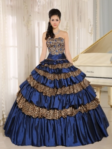 2019 Royal Blue Leopard Ruffled Layers and Appliques With Beading Quinceanera Dress For Custom Made