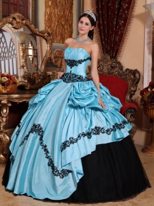 Baby Blue Ball Gown Strapless Floor-length Taffeta Appliques Quinceanera Dress