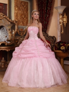 Baby Pink Ball Gown Strapless Floor-length Organza Appliques Quinceanera Dress