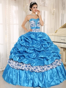 Beaded and Pick-ups For Aqua Blue Quinceanera Dress Taffeta and Printing