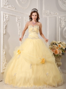 Beautiful Ball Gown Sweetheart Floor-length Organza Appliques Light Yellow Quinceanera Dress