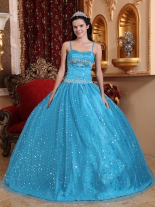 Baby Blue Ball Gown Spaghetti Straps Floor-length Sequined Beading Quinceanera Dress