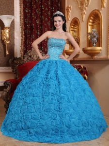 Teal Ball Gown Strapless Floor-length Fabric With Rolling Flowers Beading Quinceanera Dress