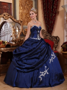 Navy Blue Ball Gown Sweetheart Floor-length Taffeta Appliques and Pick-ups Quinceanera Dress