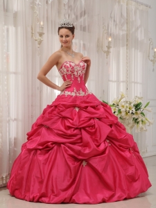 Coral Red Ball Gown Sweetheart Floor-length Taffeta Appliques Quinceanera Dress