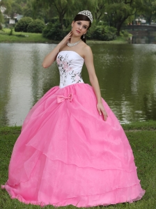 Embroidery Decorate Rose Pink Quinceanera Dress With Strapless Skirt