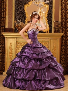 Fashionable Ball Gown Sweetheart Floor-length Taffeta Appliques Dark Purple Quinceanera Dress
