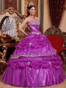 Purple Ball Gown Strapless Floor-length Organza Appliques Quinceanera Dress