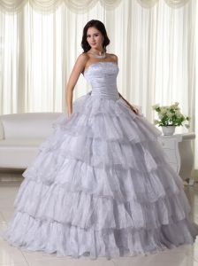 Gray Ball Gown Strapless Floor-length Organza Beading Quinceanera Dress