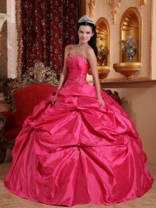 Hot Pink Ball Gown Strapless Floor-length Taffeta Beading Quinceanera Dress