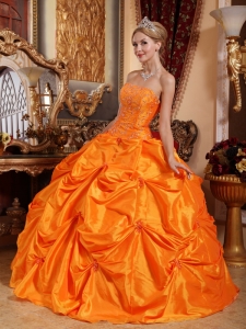 Orange Red Ball Gown Strapless Floor-length Taffeta Beading Quinceanera Dress