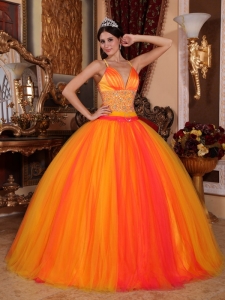 Orange Red Ball Gown V-neck Floor-length Taffeta and Tulle Beading Quinceanera Dress