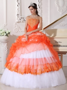 Orange and White Ball Gown Strapless Floor-length Taffeta and Organza Appliques Quinceanera Dress
